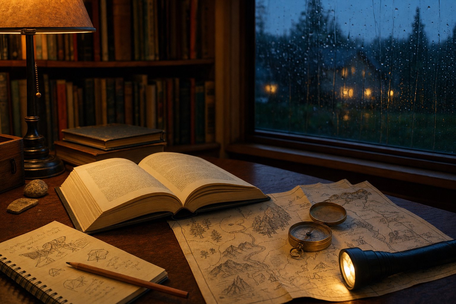 An open book, map, compass, flashlight, and notebook on a library table by a rainy window