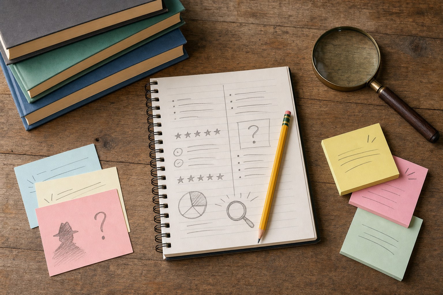 A notebook, pencil, magnifying glass, and mystery-book selection notes on a wooden table