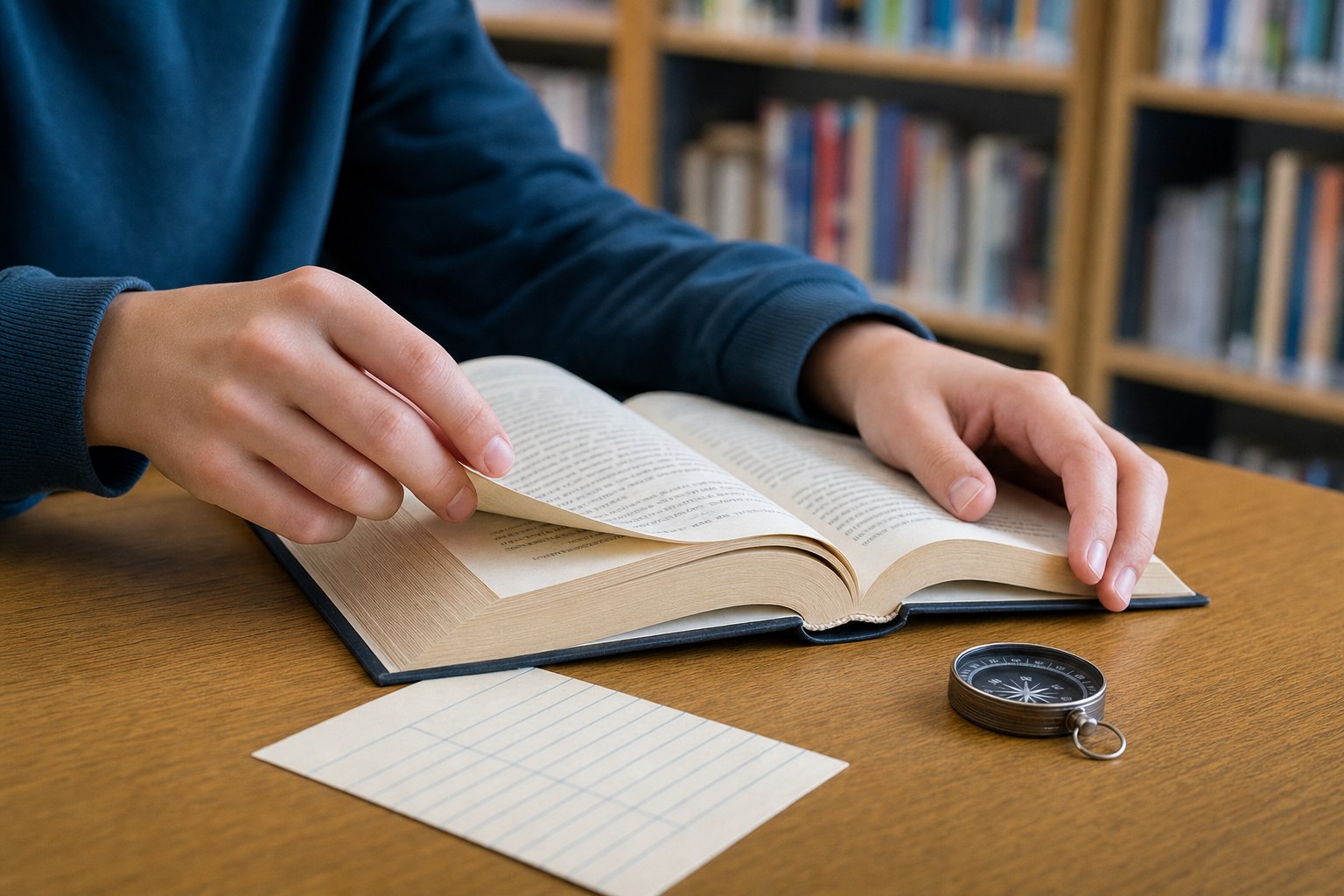 A middle school reader turning the page of an open book in a library