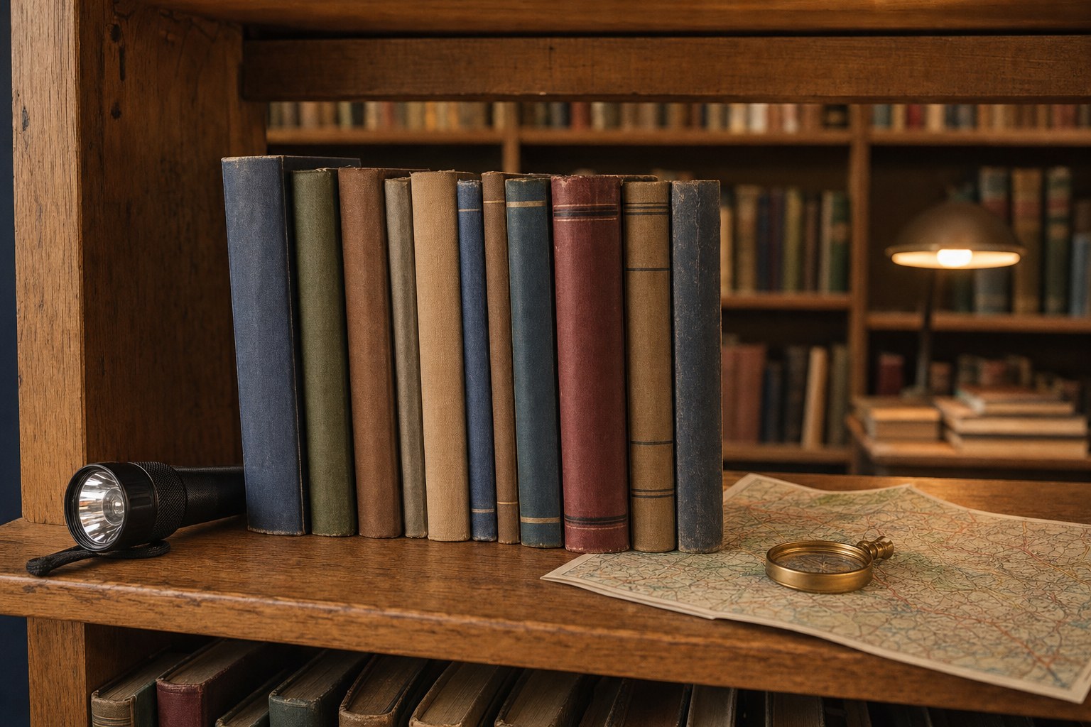 A shelf of mystery books with a flashlight, map, and magnifying glass