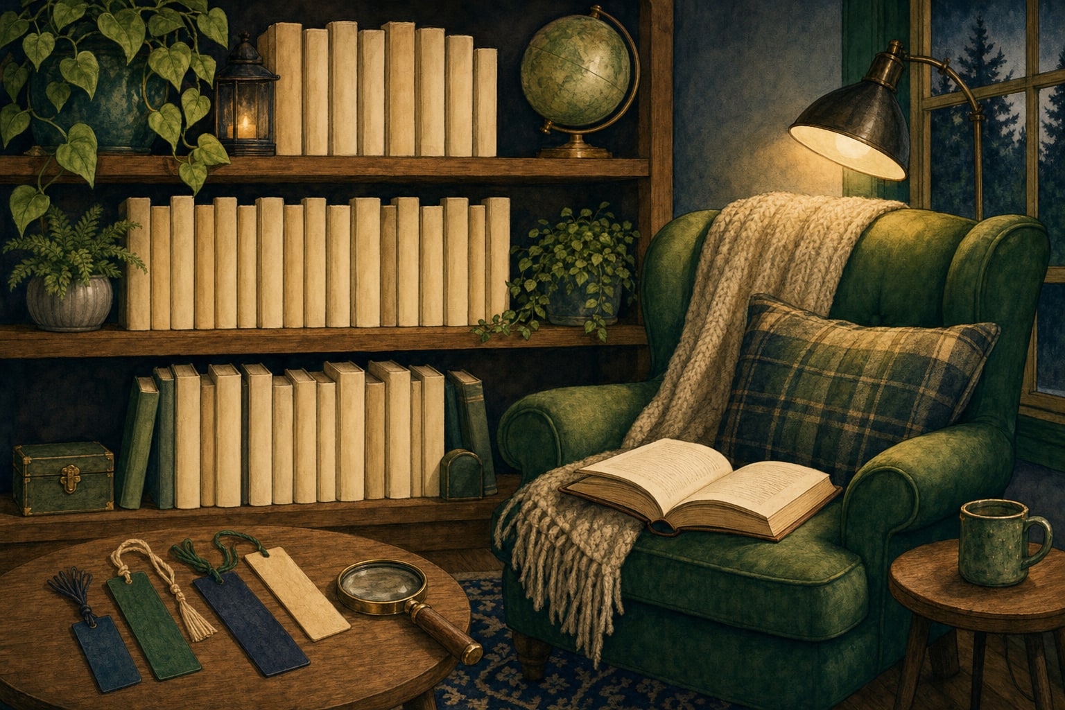 A cozy reading chair beside a bookshelf and a magnifying glass