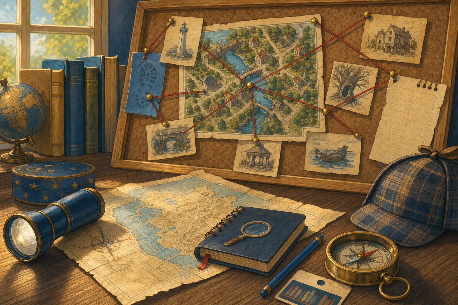 A detective-style clue board with maps, a flashlight, and a compass