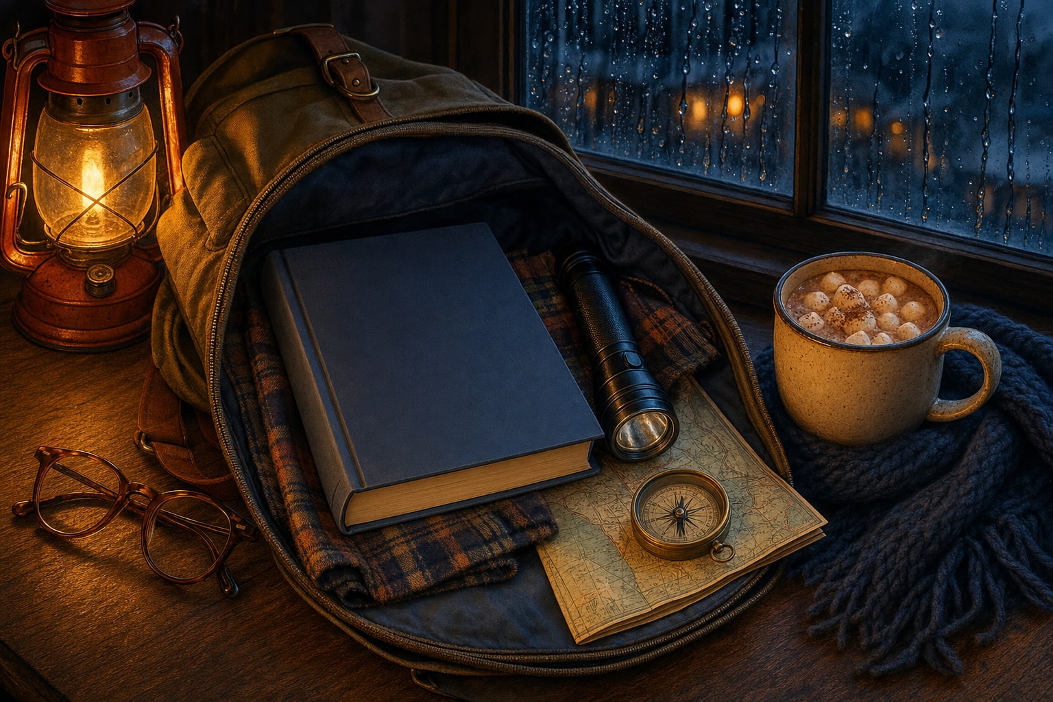 A blank-covered book, flashlight, map, and cocoa packed for a cozy reading session