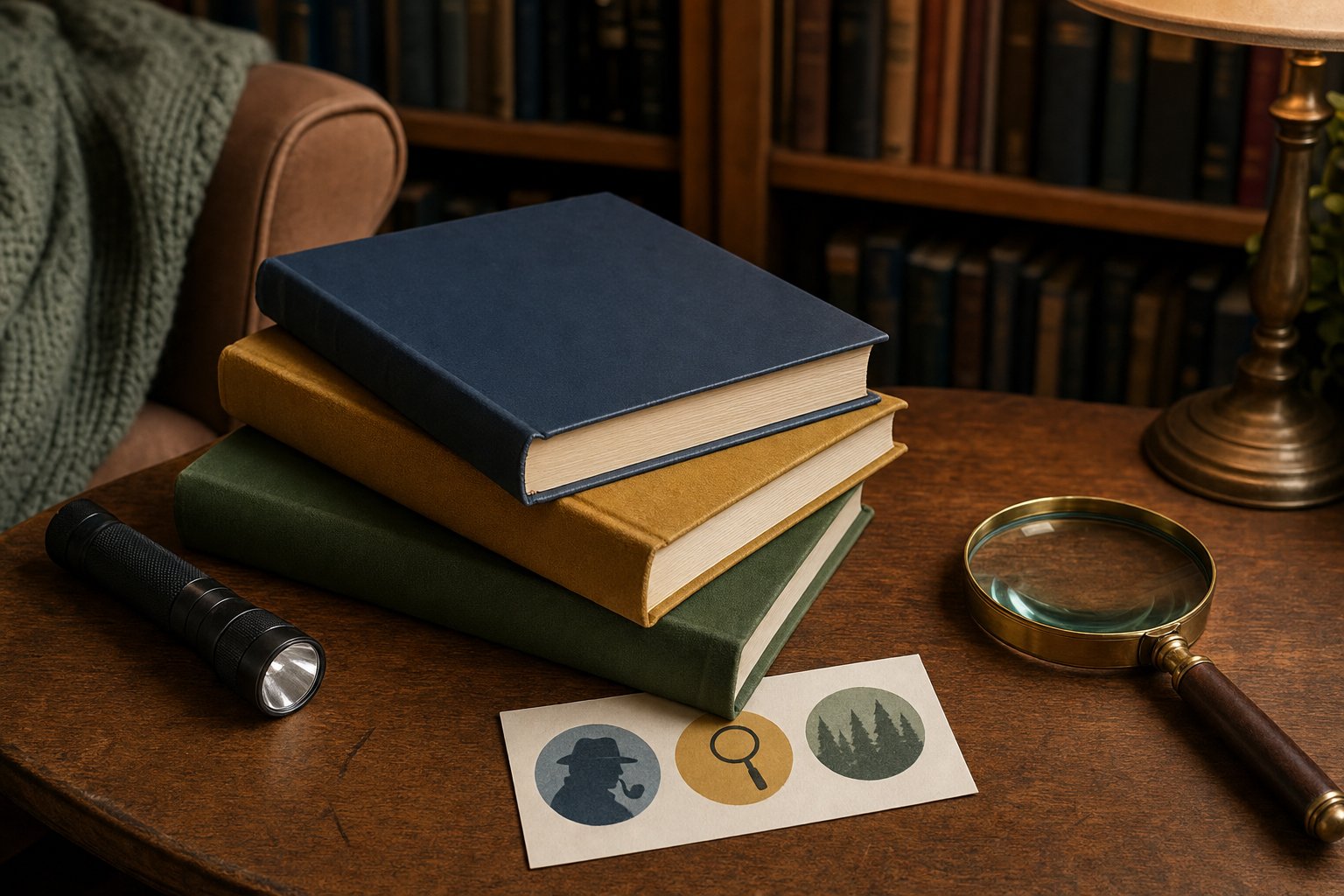 Three unbranded books, a flashlight, and a magnifying glass on a library table