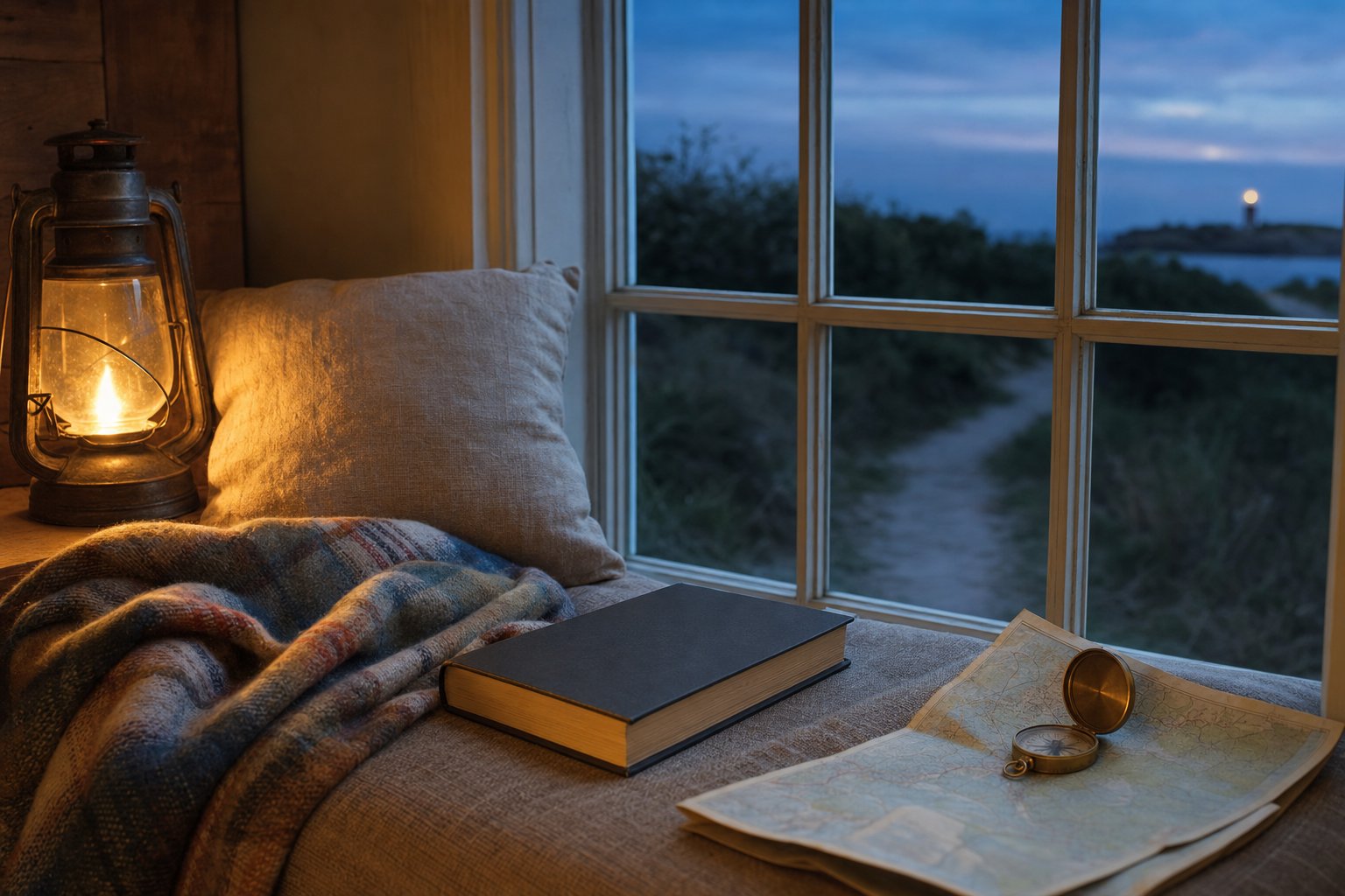 An unbranded book, map, and compass on a window seat at twilight