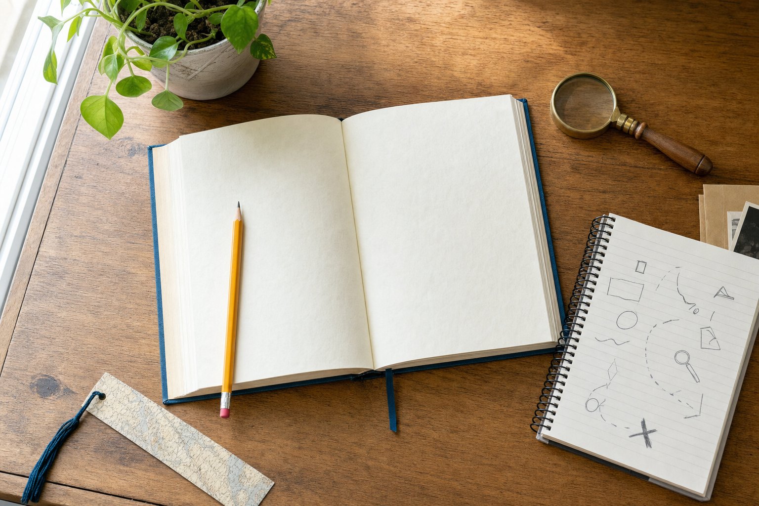 An open book, pencil, bookmark, and clue notebook on a sunlit wooden table
