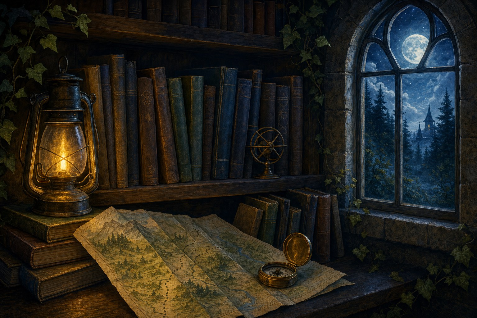 A lantern, mystery books, a map, and a moonlit library window