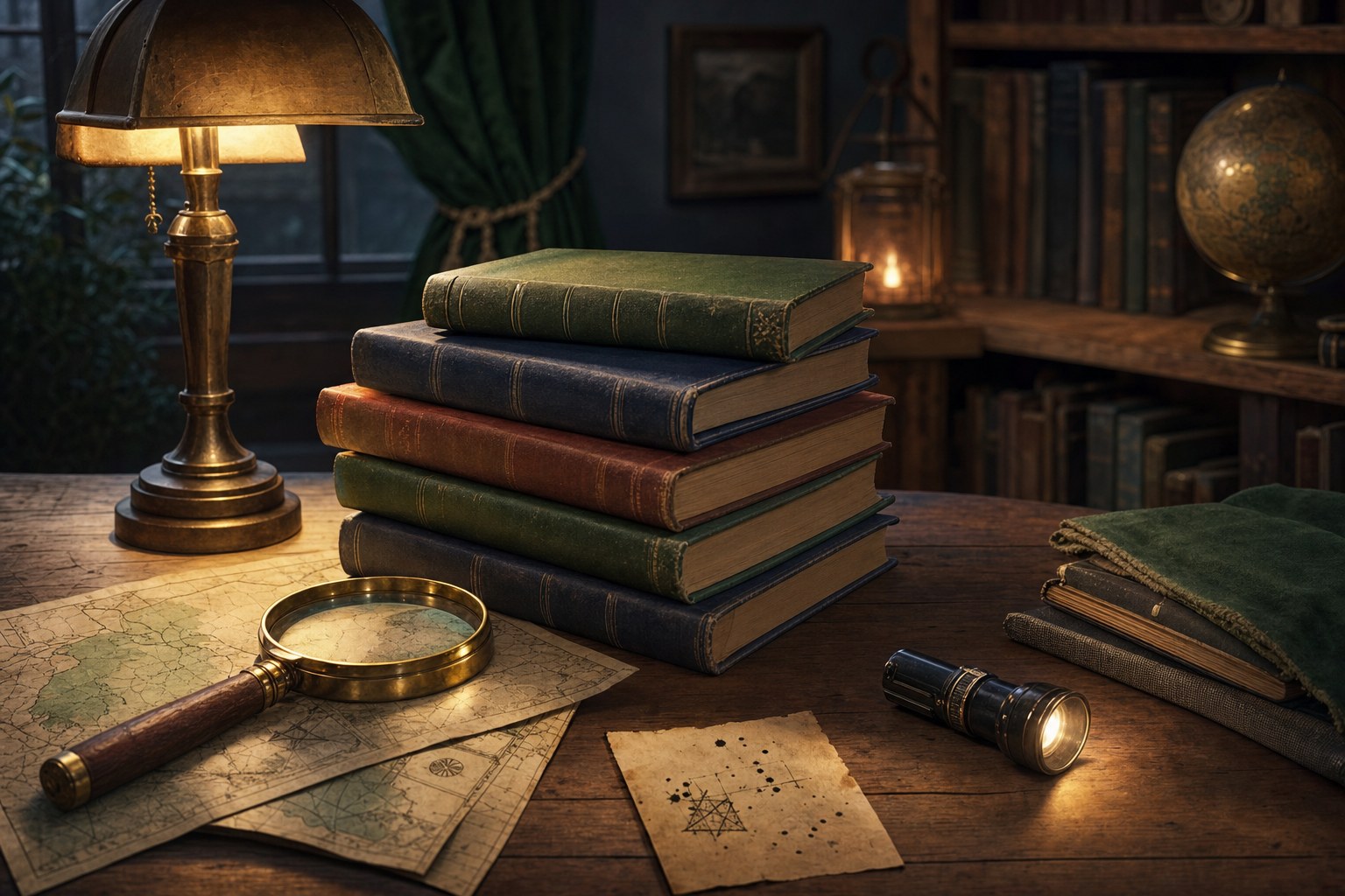 A stack of mystery books with a magnifying glass, maps, and a flashlight in a library