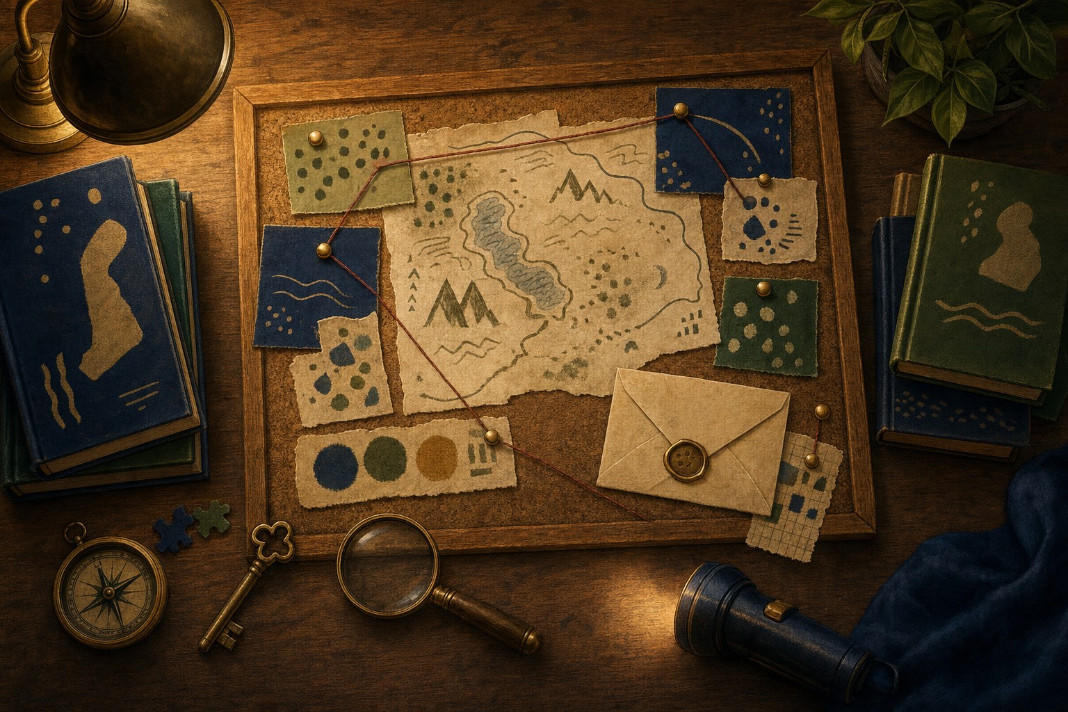 A mystery clue board with a map, envelope, compass, and books