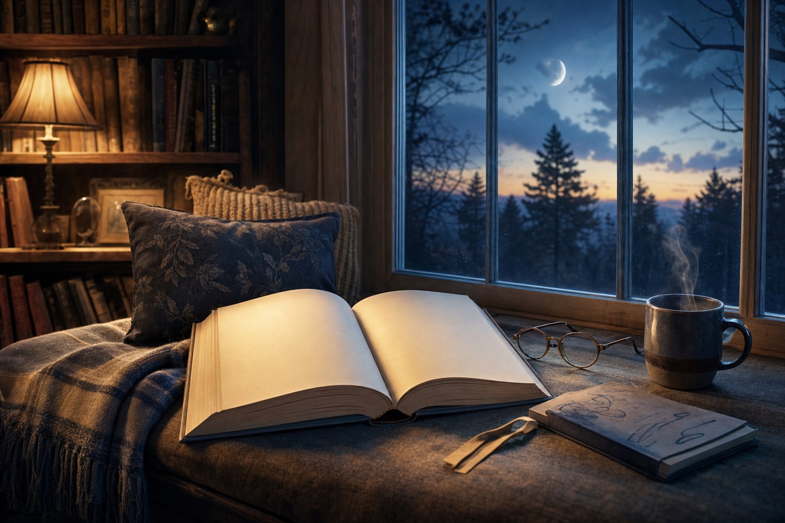 An open book and reading glasses on a window seat at twilight