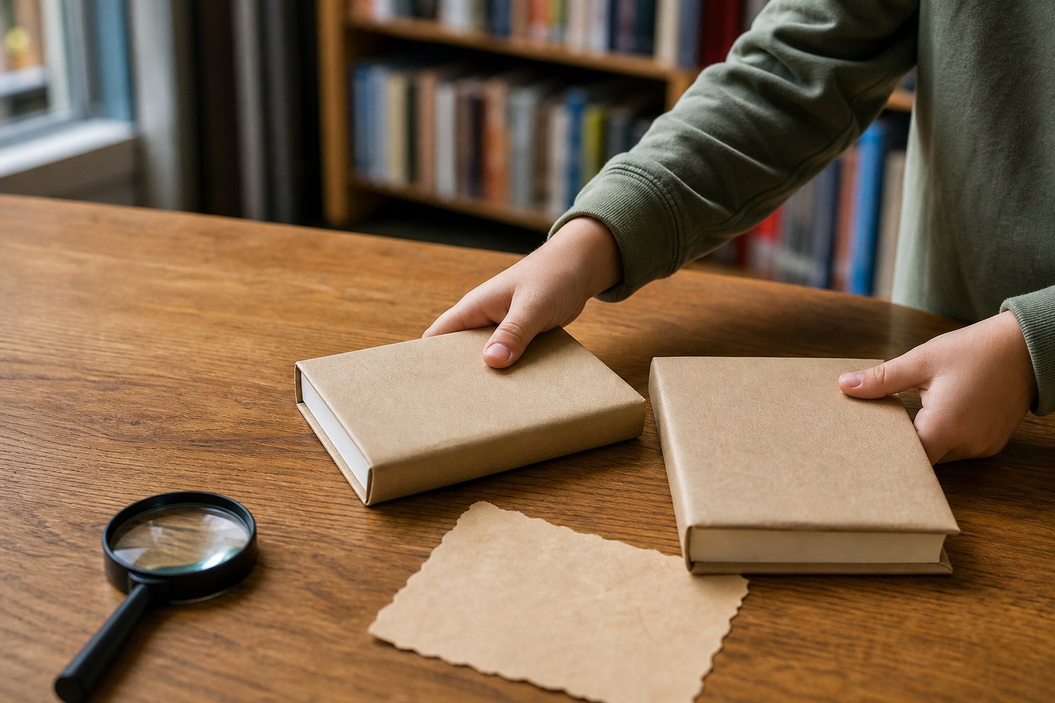 A young reader choosing between two books at a library table