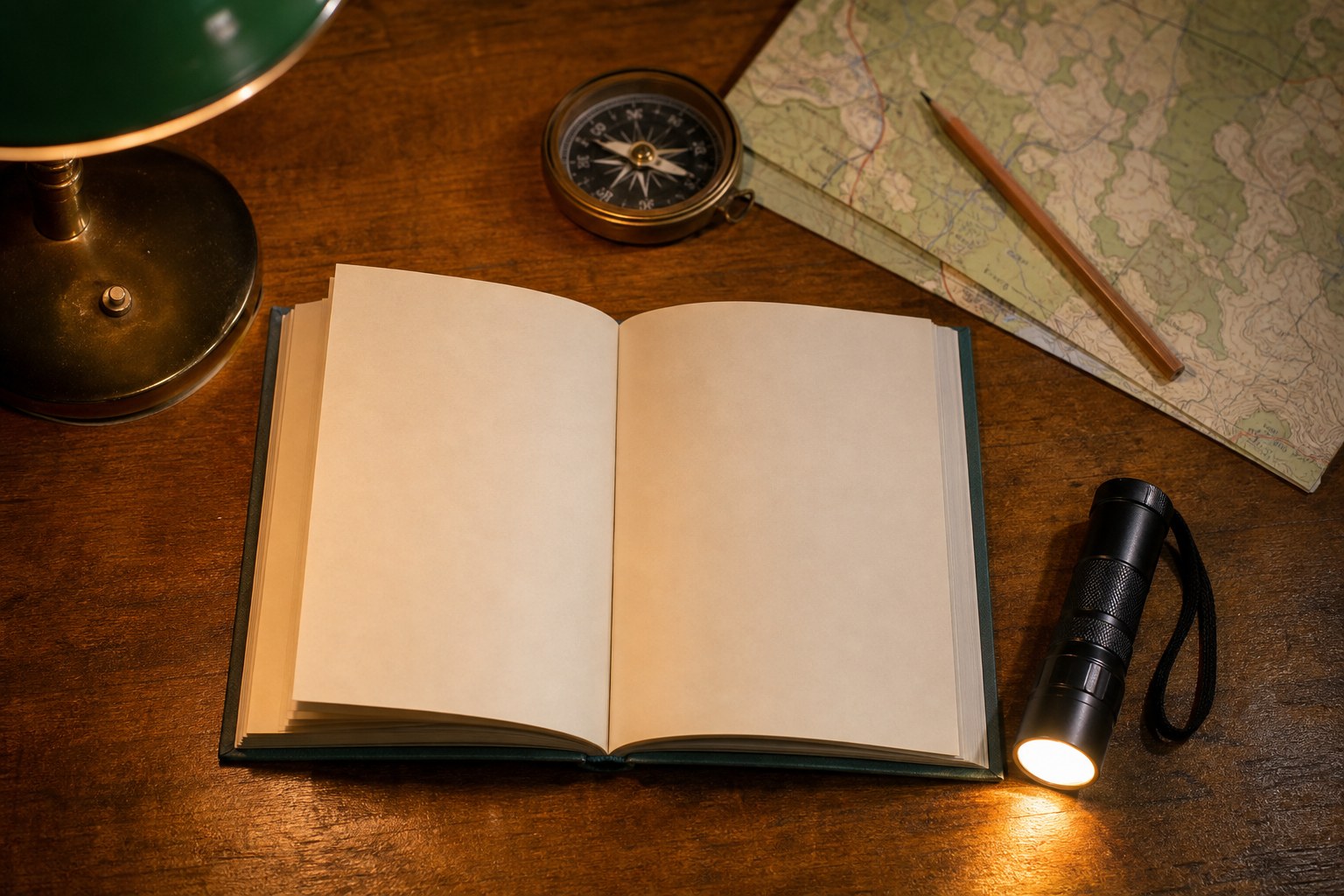 An open book with a compass, map, pencil, and flashlight arranged for a mystery adventure