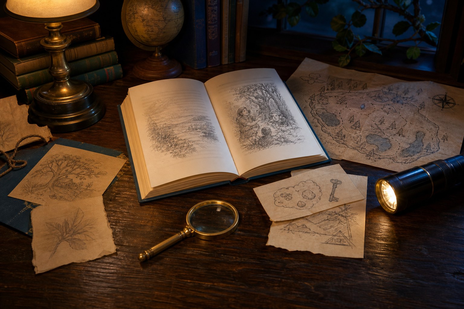 An open mystery book, map, magnifying glass, and flashlight on a warmly lit library table
