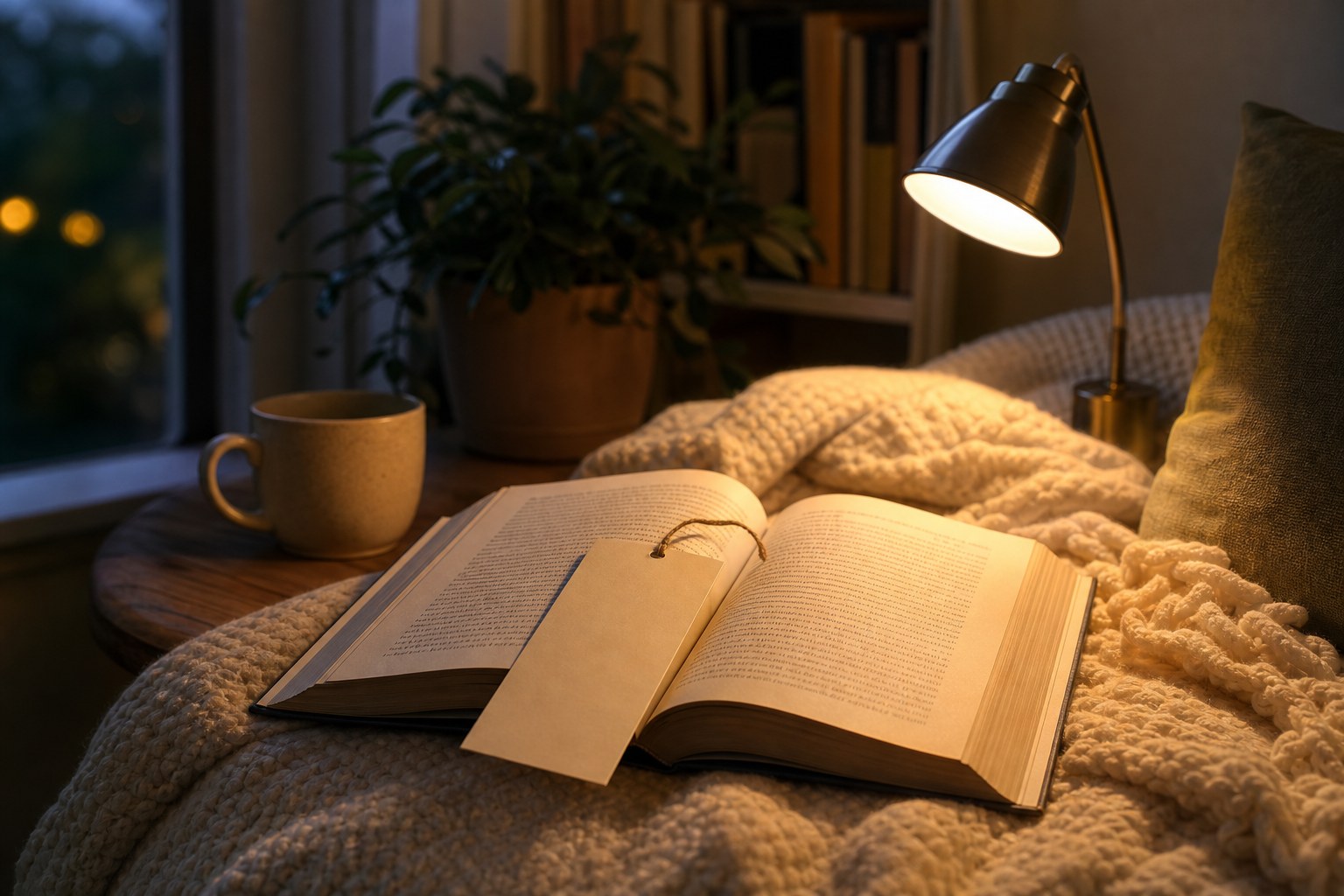 An open book in a cozy reading nook with a lamp and blanket