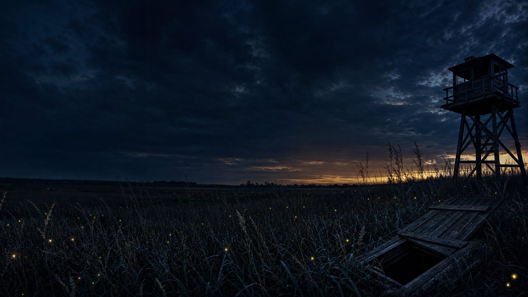Storm clouds over a Minnesota prairie with a watchtower and open hatch