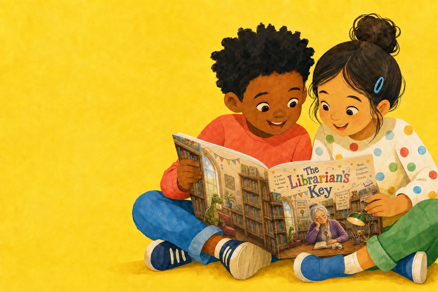 Two children happily reading The Librarian’s Key together