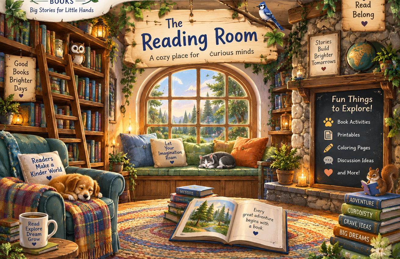 A cozy storybook reading room with bookshelves, a window seat, and an open book