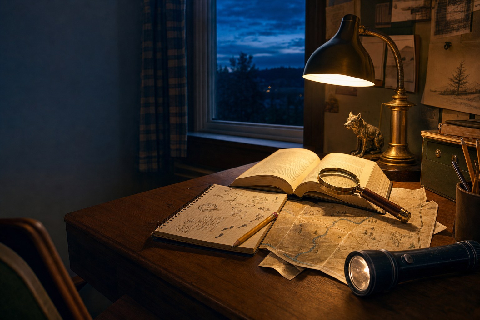 A mystery reader's desk with an open book, magnifying glass, notebook, map, and flashlight