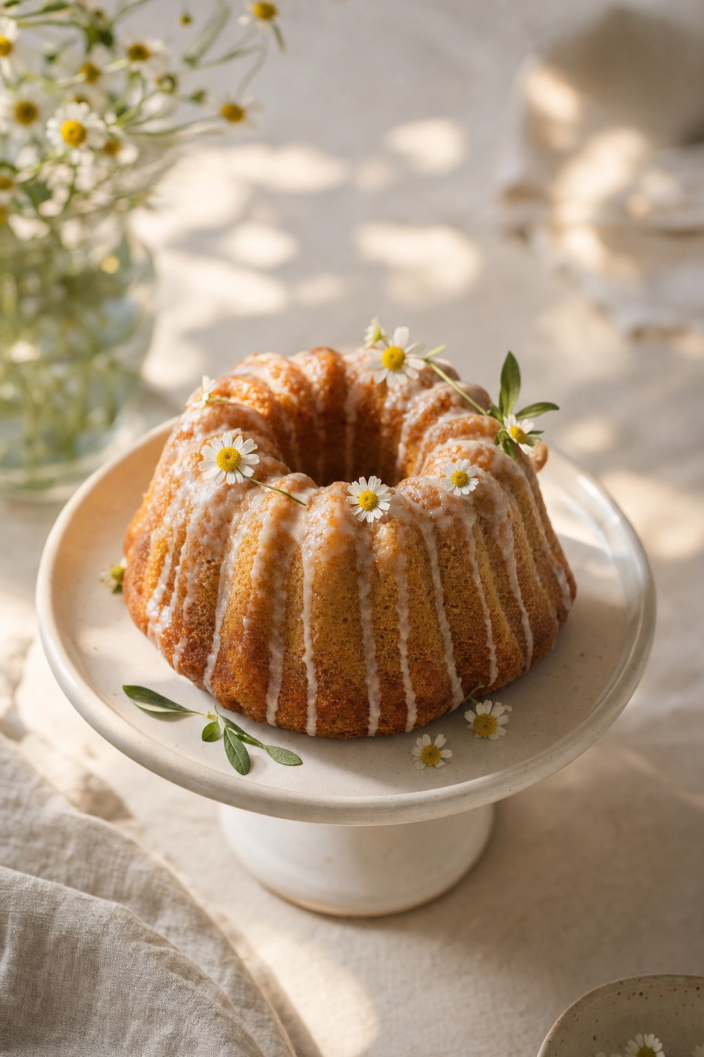 A small glazed seasonal olive oil cake with daisies on a ceramic pedestal