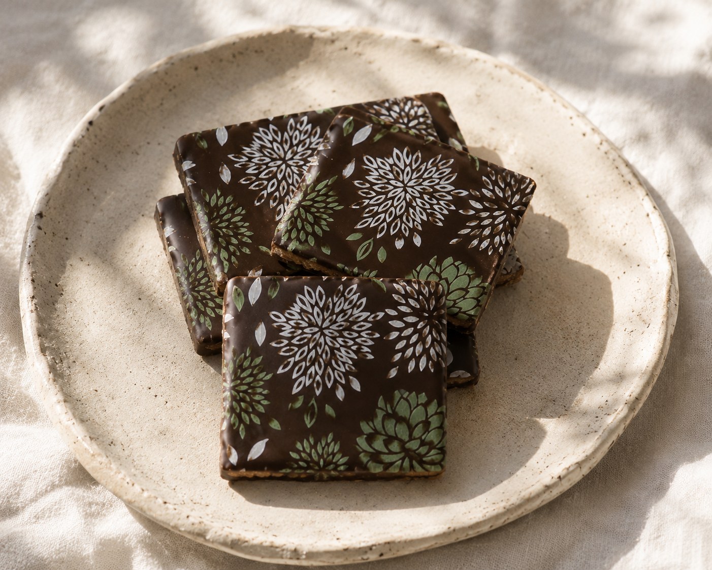 Chocolate-covered graham treats decorated with floral patterns