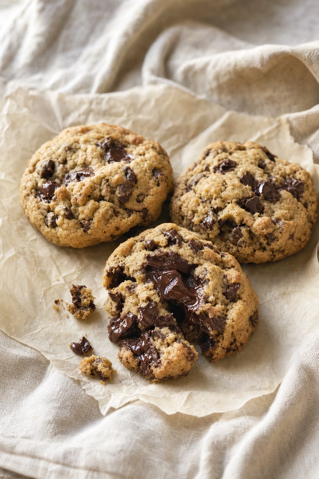 Thick chocolate chip cookies, one broken open with melted chocolate