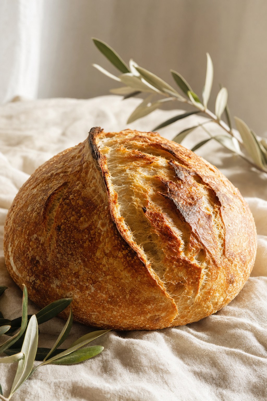 A golden country boule with a deeply scored artisan crust