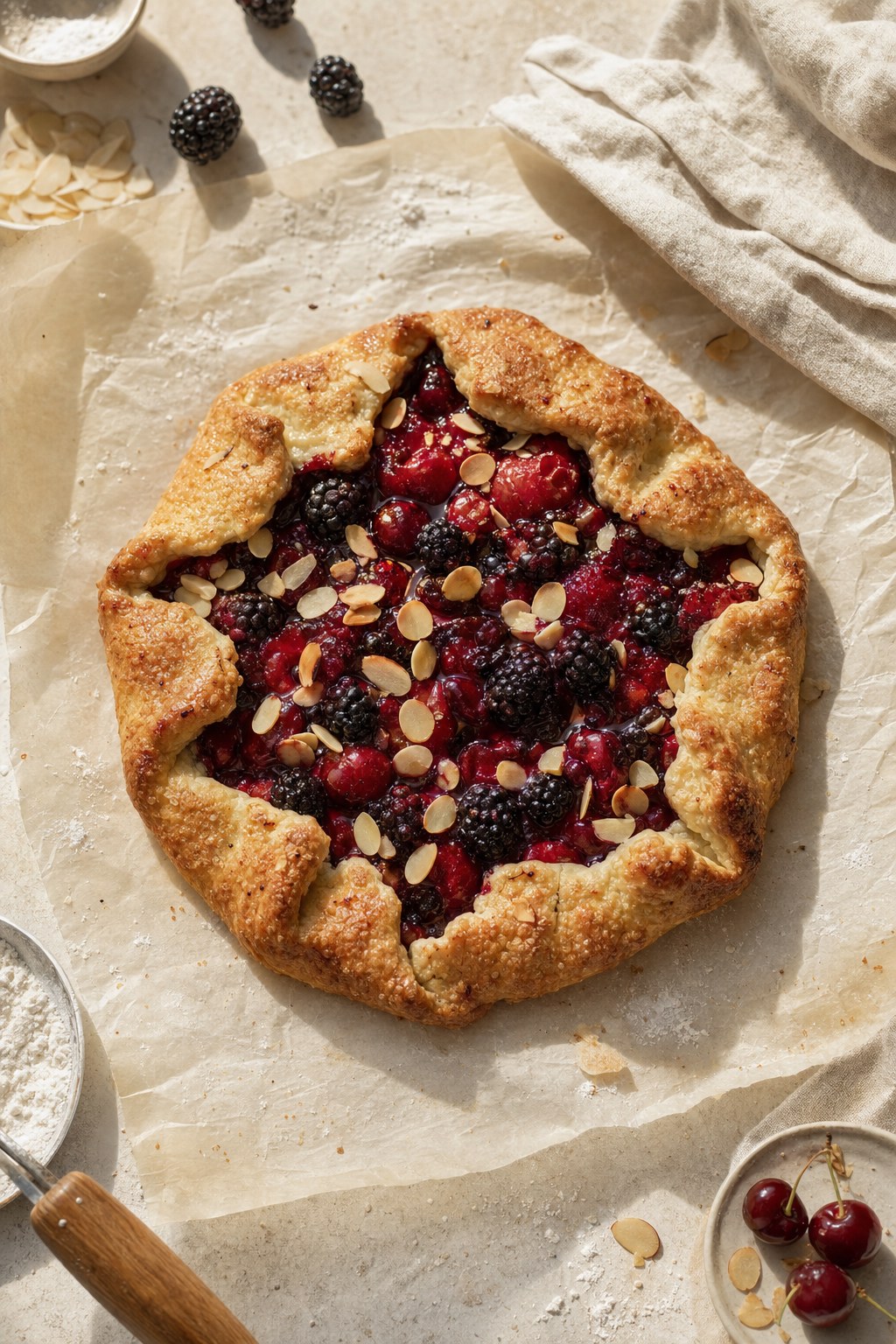 A berry galette with a golden crust on linen