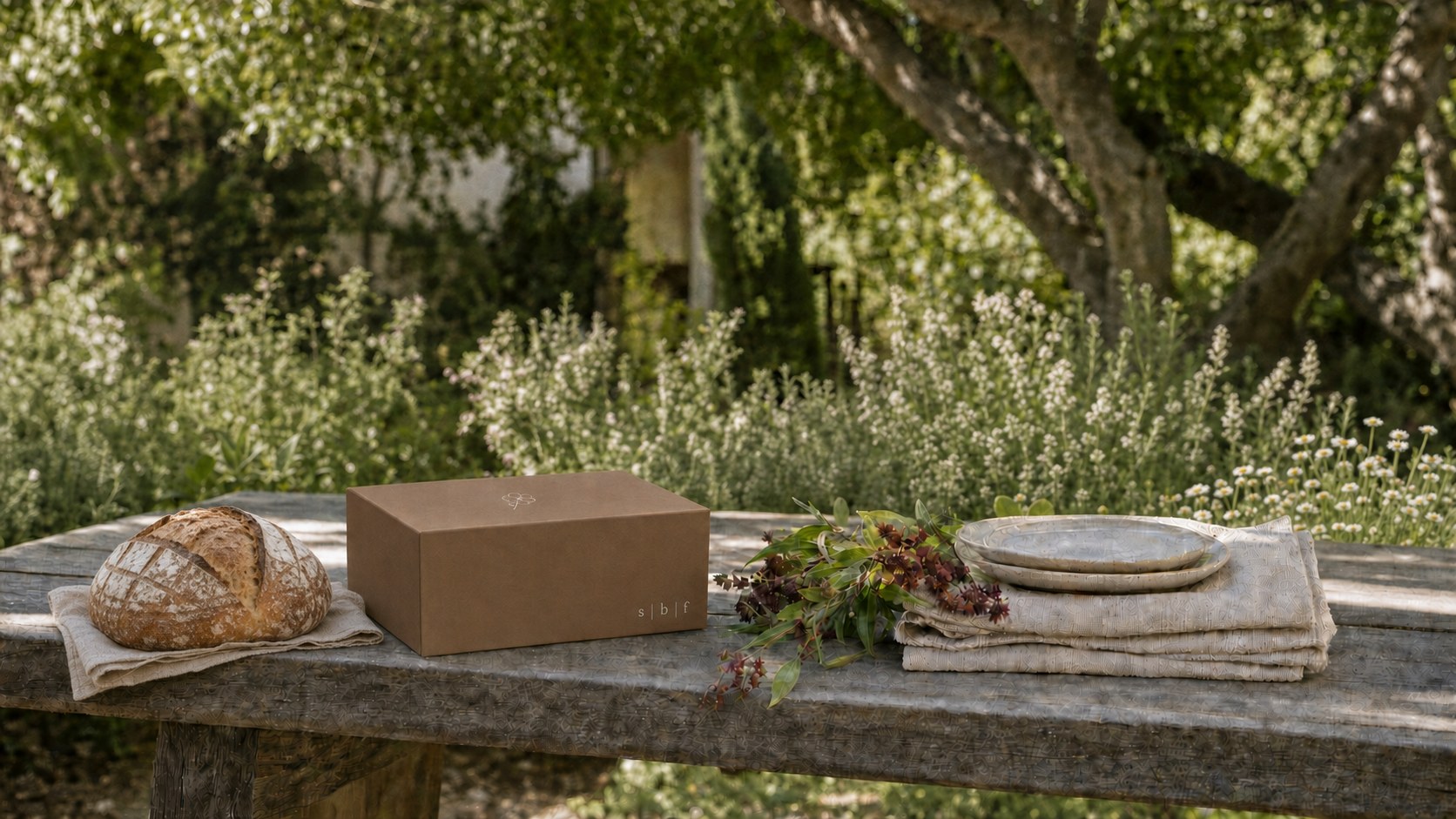 A Sugar Butter Flower bakery box with a country boule and golden biscuits