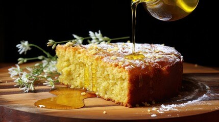 Olive oil being poured over a golden olive oil cake