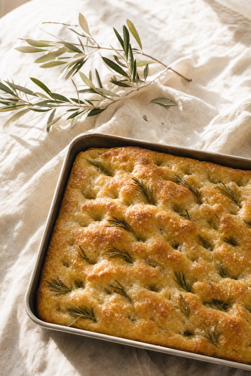 Golden rosemary focaccia with flaky sea salt in a baking pan