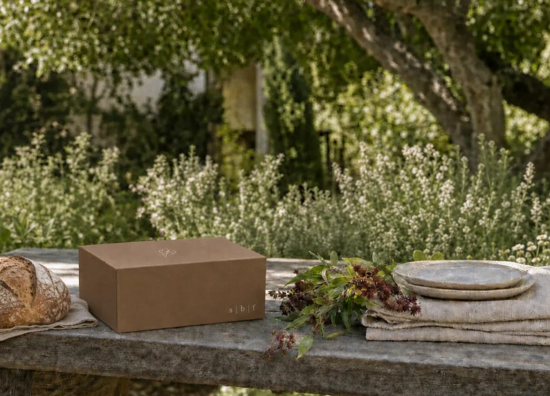 A Sugar Butter Flower bakery box set on an outdoor table with bread, flowers, and linen