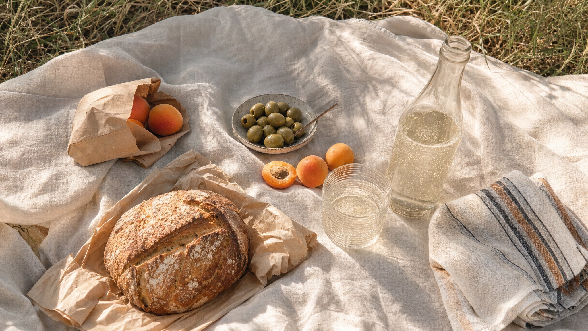 Bread, apricots, olives, and sparkling water arranged on a picnic blanket