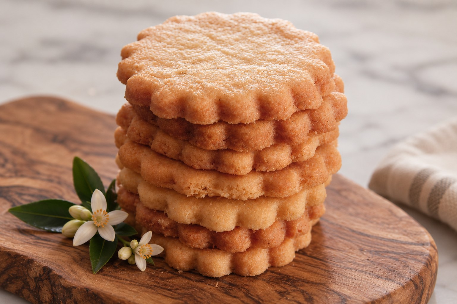 A stack of golden, flower-shaped cookies on a wooden board