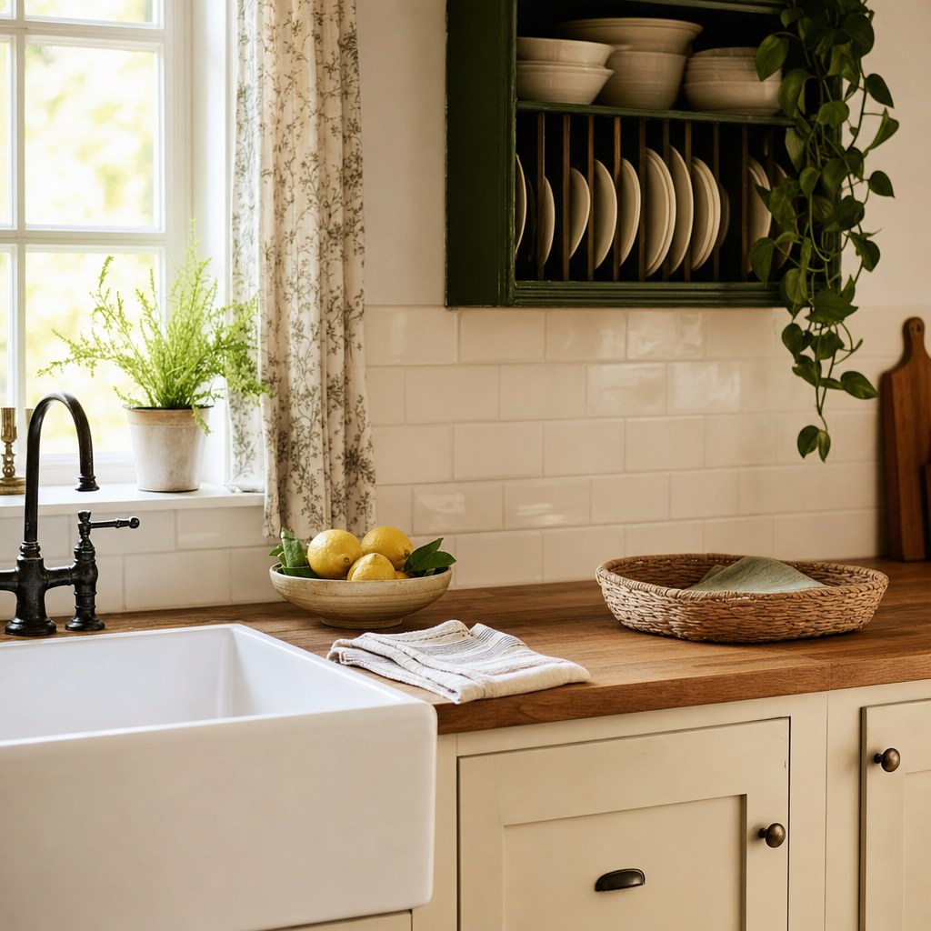 Calm cottage kitchen with a clear counter, clean sink, lemons, and a basket