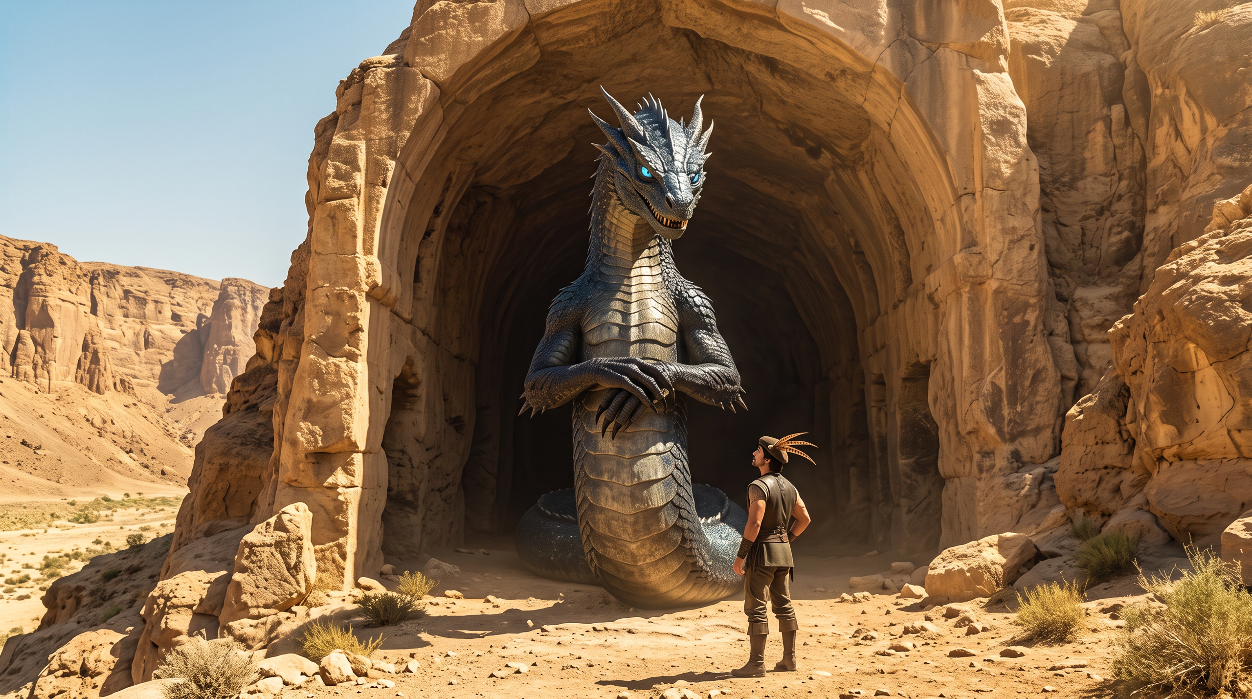 William and the knights confront the basilisk at the cave in daylight