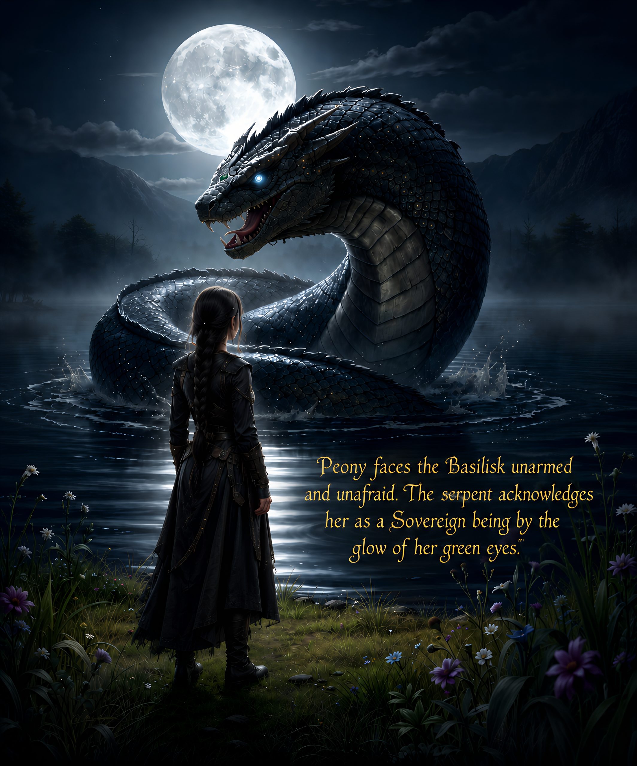 Peony faces the basilisk unarmed and unafraid at the river under a full moon