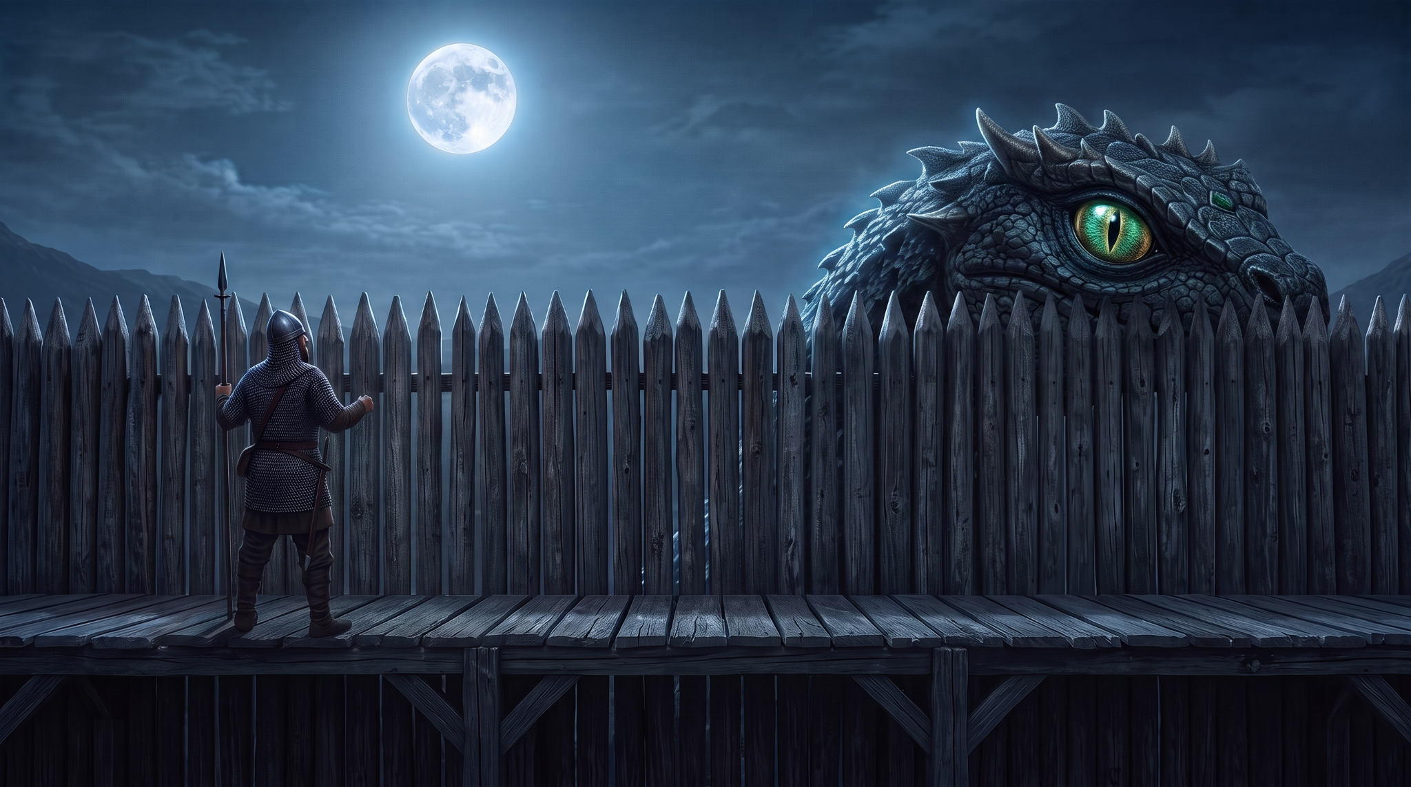 Marshall on the wall as the basilisk looks over the palisade