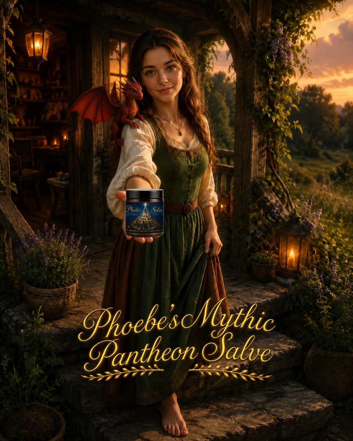 Phoebe holding a jar of Phoebe’s Mythic Pantheon Salve in a garden at sunset