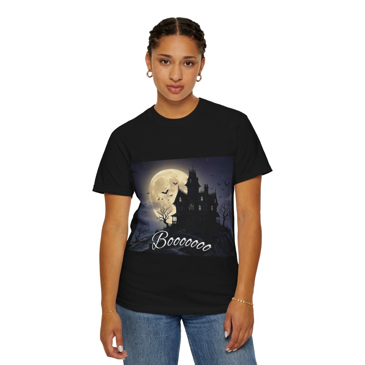 Halloween Haunted House T-Shirt — "Booooooo" Moonlit Spooky Tee