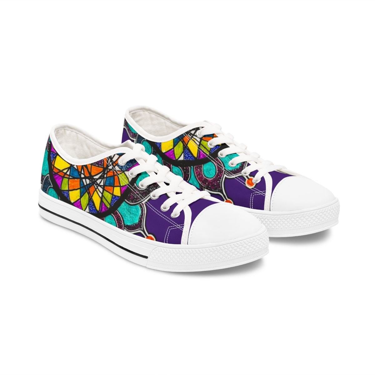Stained Glass Mandala Women's Low Top Sneakers — Colorful Boho Floral Canvas Shoes