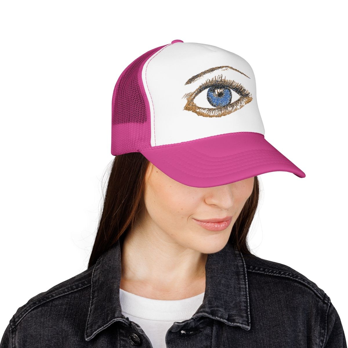 Eye-Catching Pink Trucker Hat — Glitter Blue Eye Design