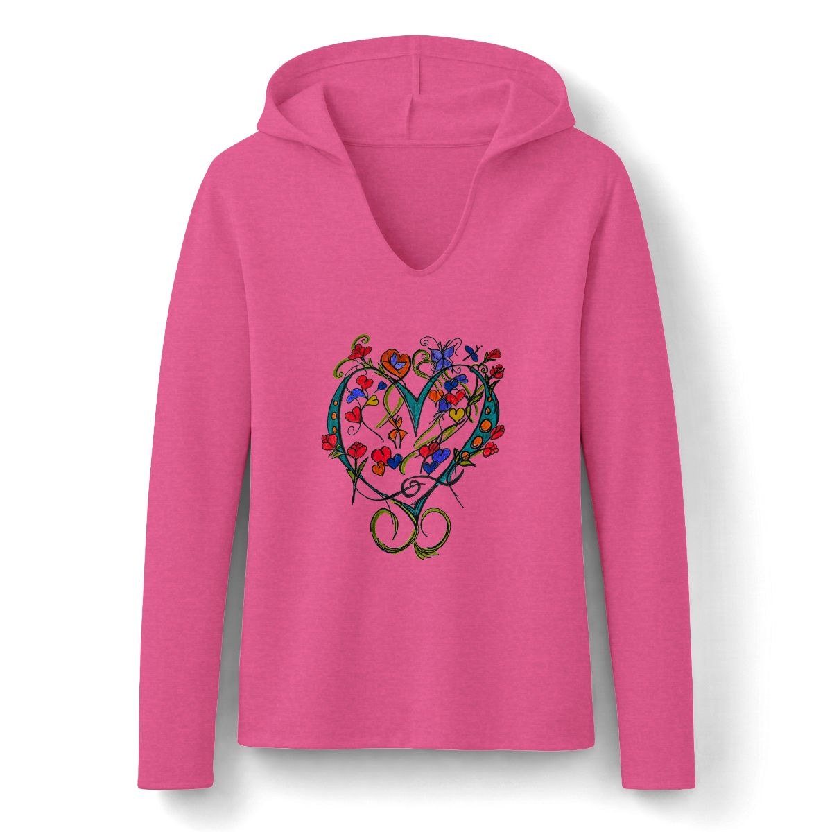 Women's Heart Floral Hoodie — Colorful Heart & Flowers Long Sleeve Hooded Top