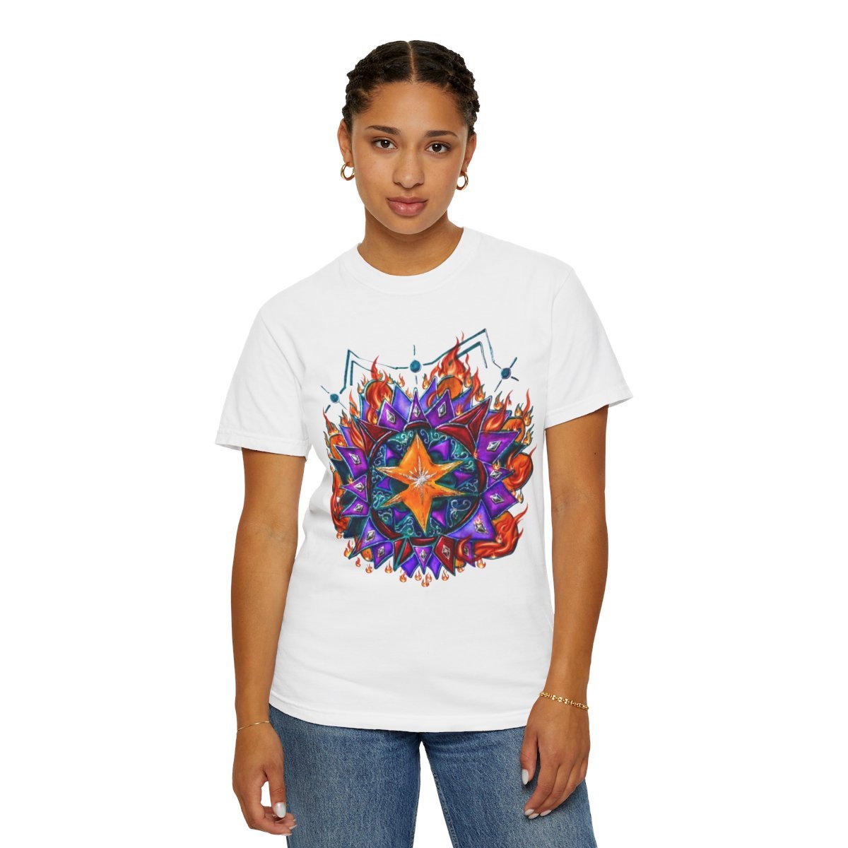 Mandala Star T-Shirt — Colorful Psychedelic Sun &amp; Flame Graphic Tee