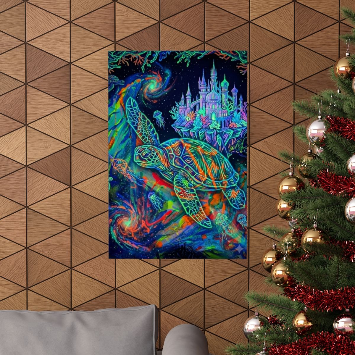 Psychedelic Sea Turtle Castle Poster — Neon Ocean Art Print