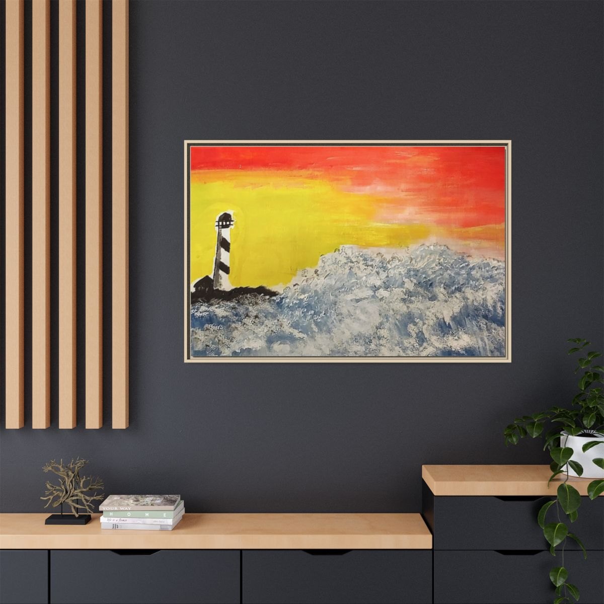 Framed Matte Canvas Wall Art — Lighthouse at Sunset Seascape