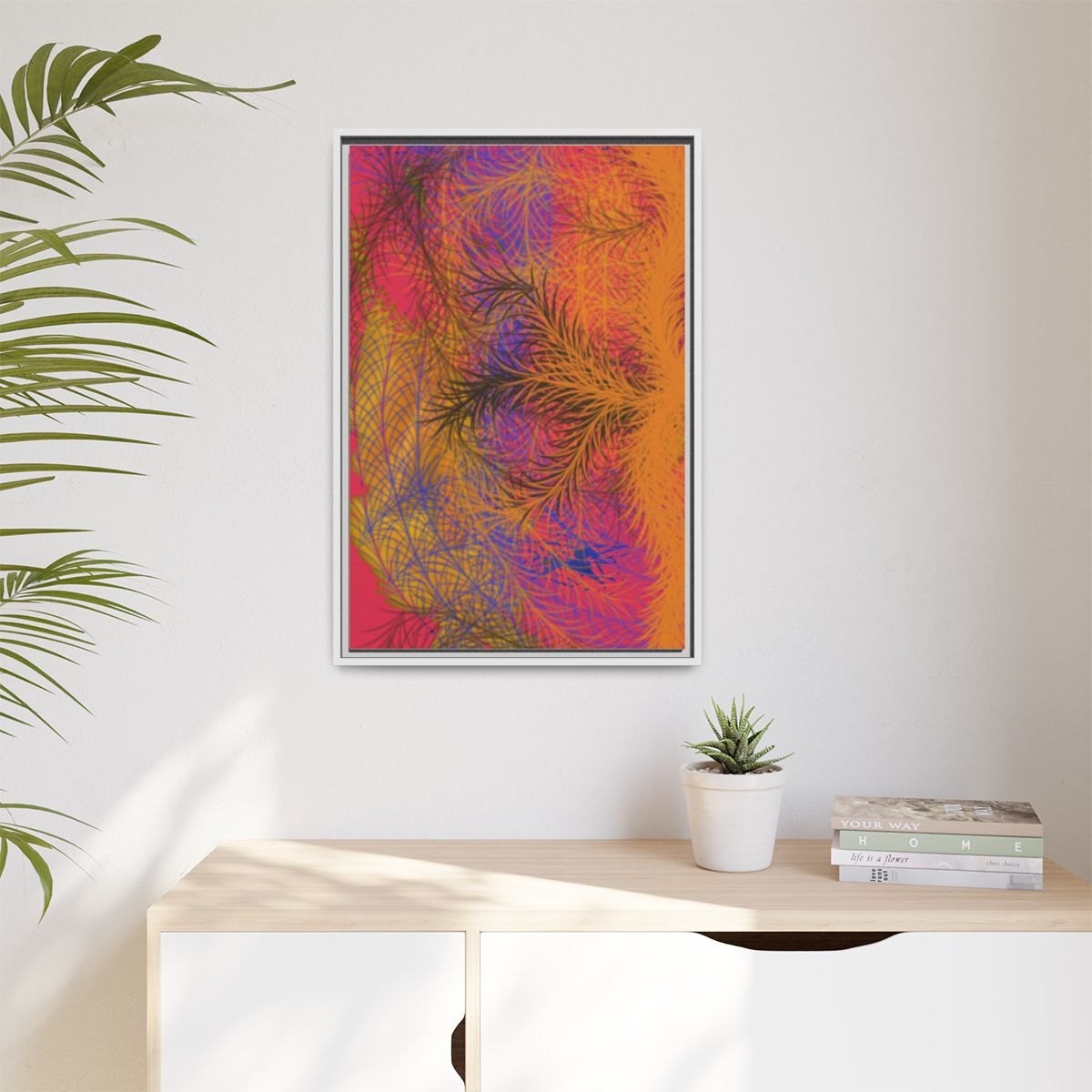 Abstract Featherburst Framed Canvas Art — Vibrant Multi‑Color Matte Wall Decor