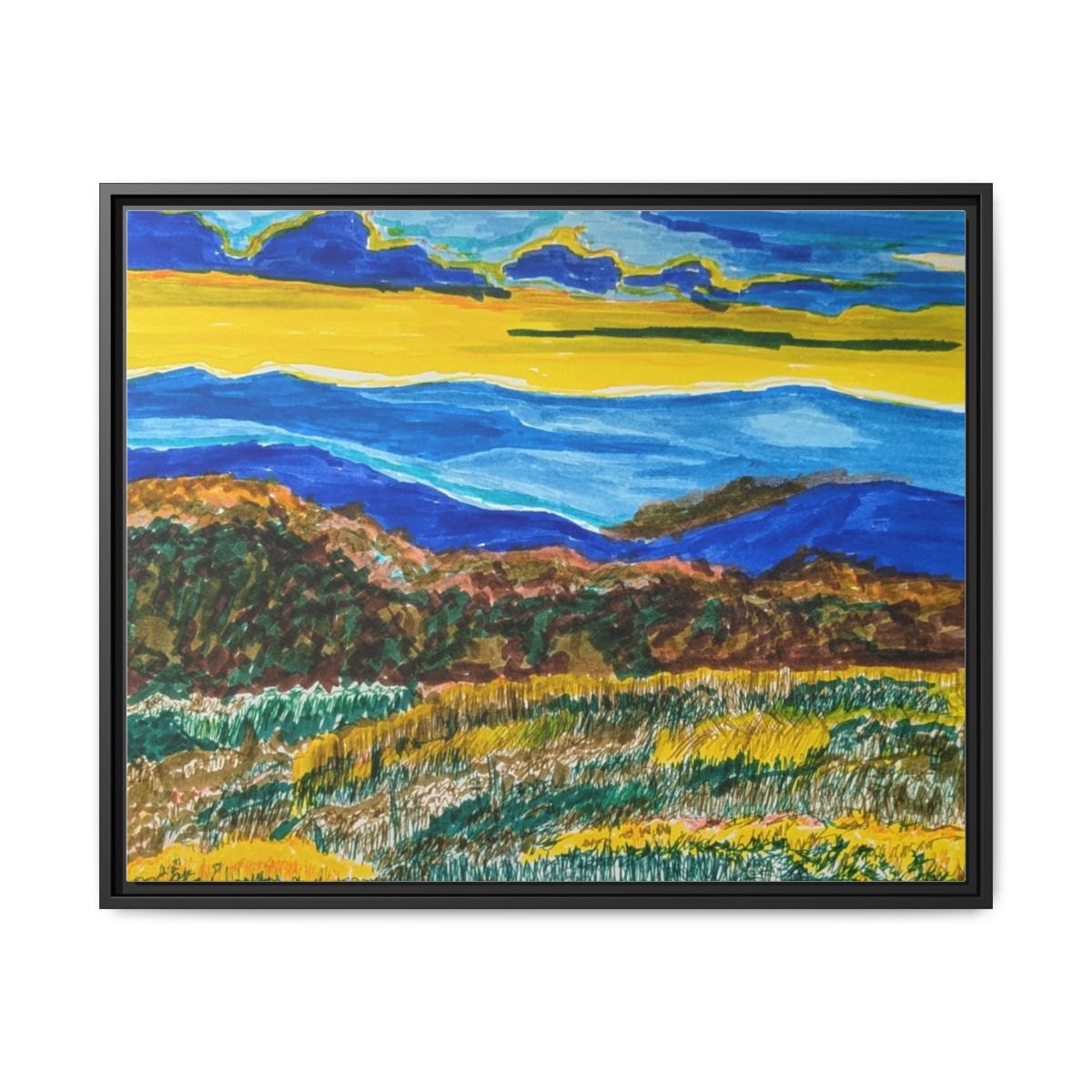 Framed Matte Canvas Landscape Print — Colorful Coastal Hills Wall Art