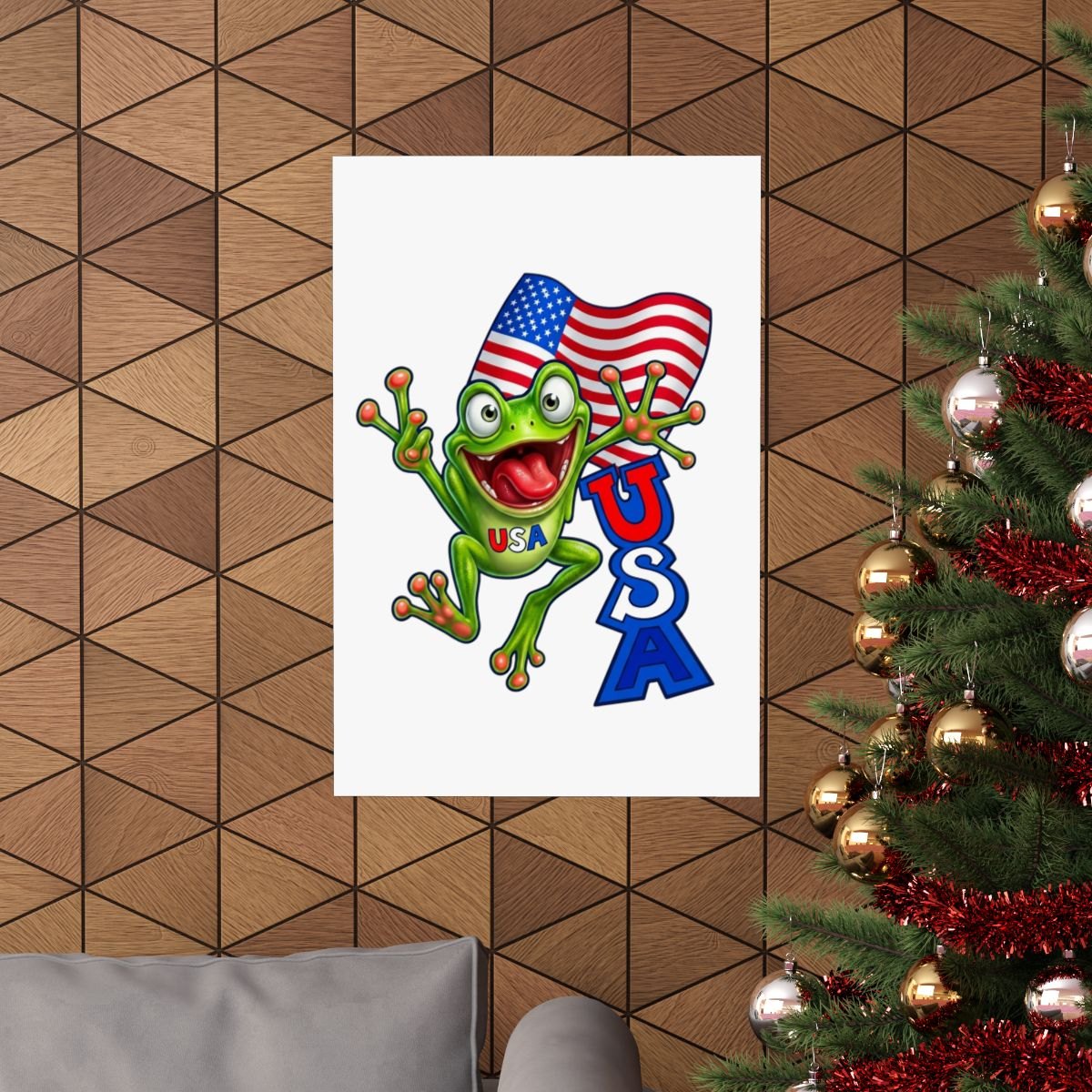 USA Flag Frog Poster — Patriotic Matte Vertical Wall Art