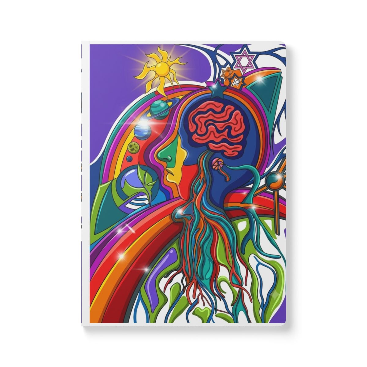 Psychedelic Mind &amp; Nature Softcover Journal — Colorful Brain, Roots &amp; Rainbow Artwork