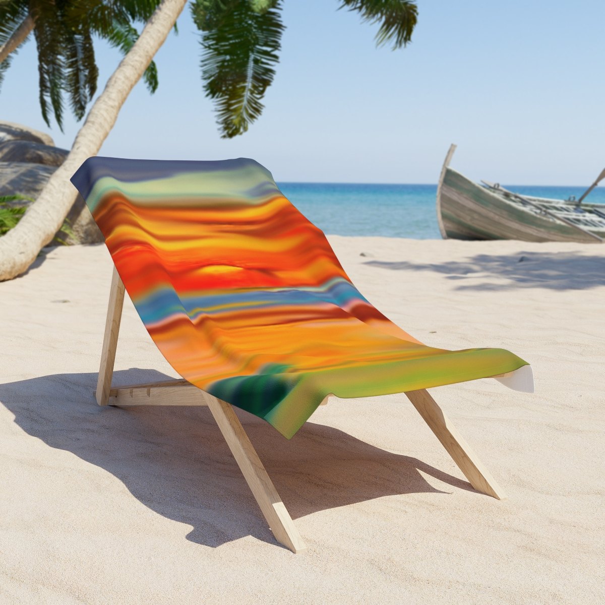 Abstract Sunset Stripes Beach Towel — Vibrant Orange, Blue &amp; Green Summer Towel